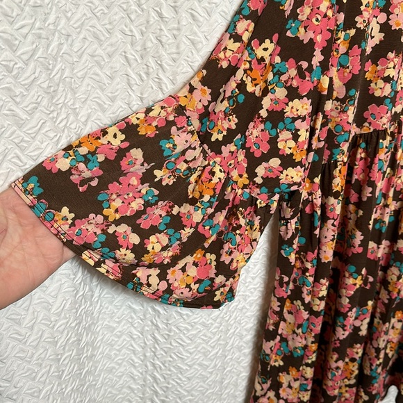 brown pink turquoise floral blouse with ruffle sleeves 1XL - Picture 3 of 4